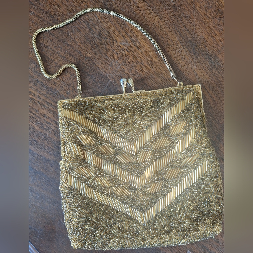 Gold Beaded Evening Bag with Chain Strap